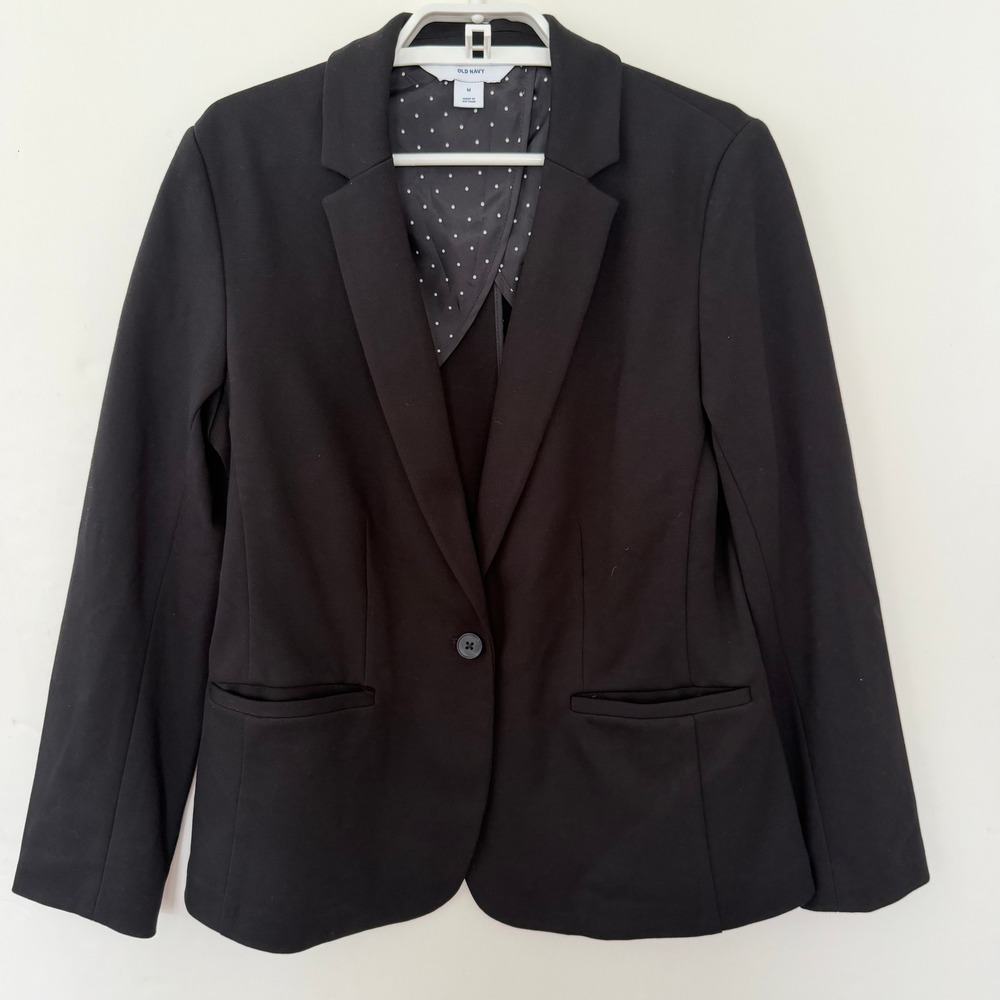 Old Navy Womens Black Single Button Stretch Knit Blazer Polka Dot Lining M